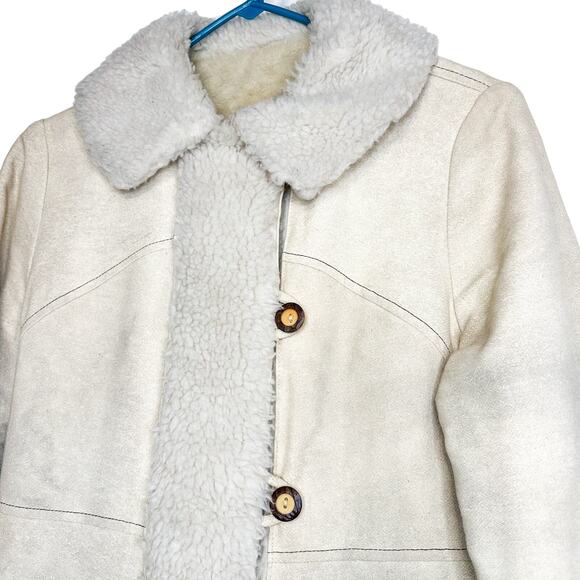 Vintage Leather Coat Shearling Lined with Toggle Buttons Cream - Picture 3 of 5